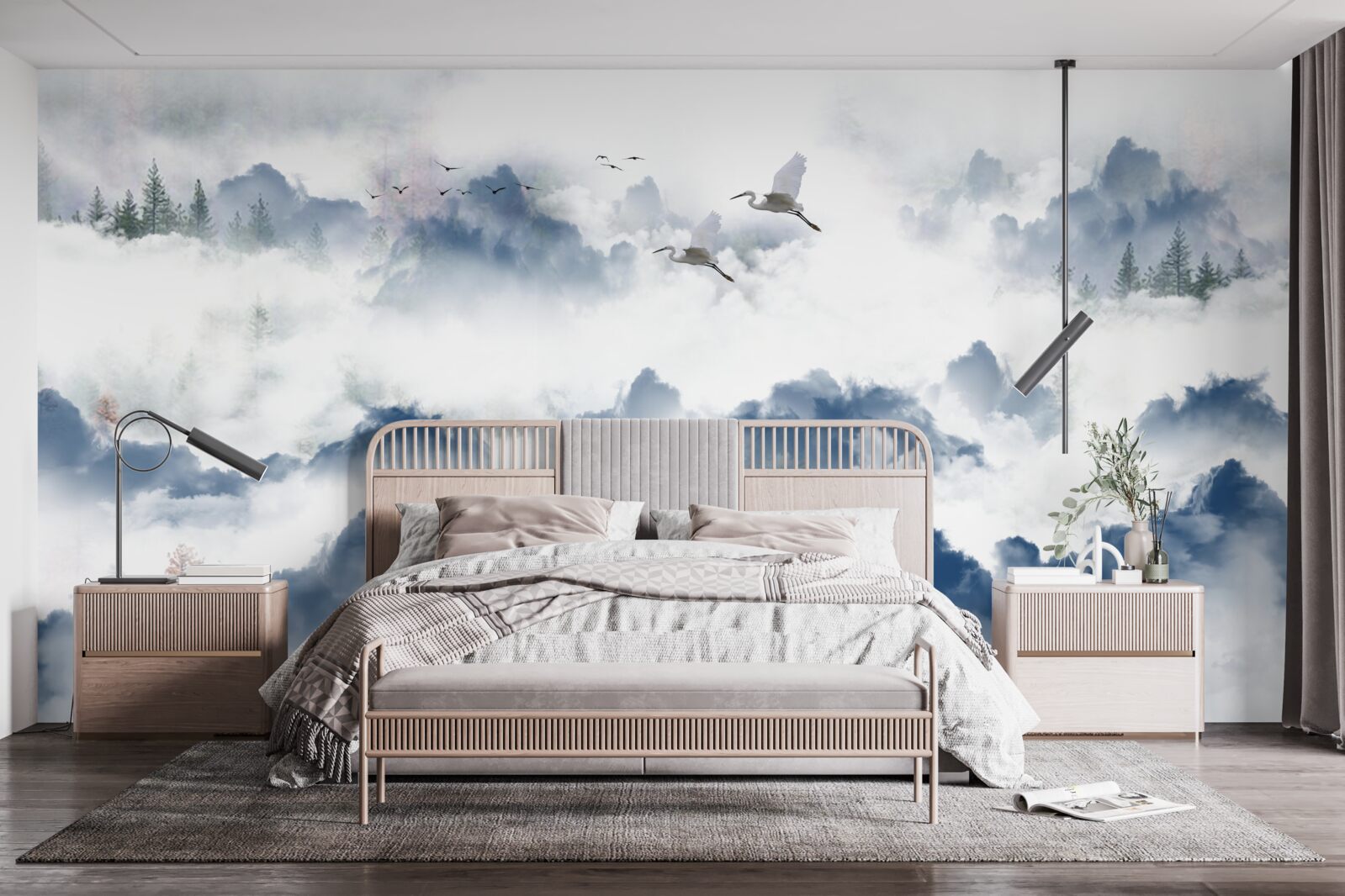 Fotobehang gevederde wezens vliegen over mistige toppen van bergketens