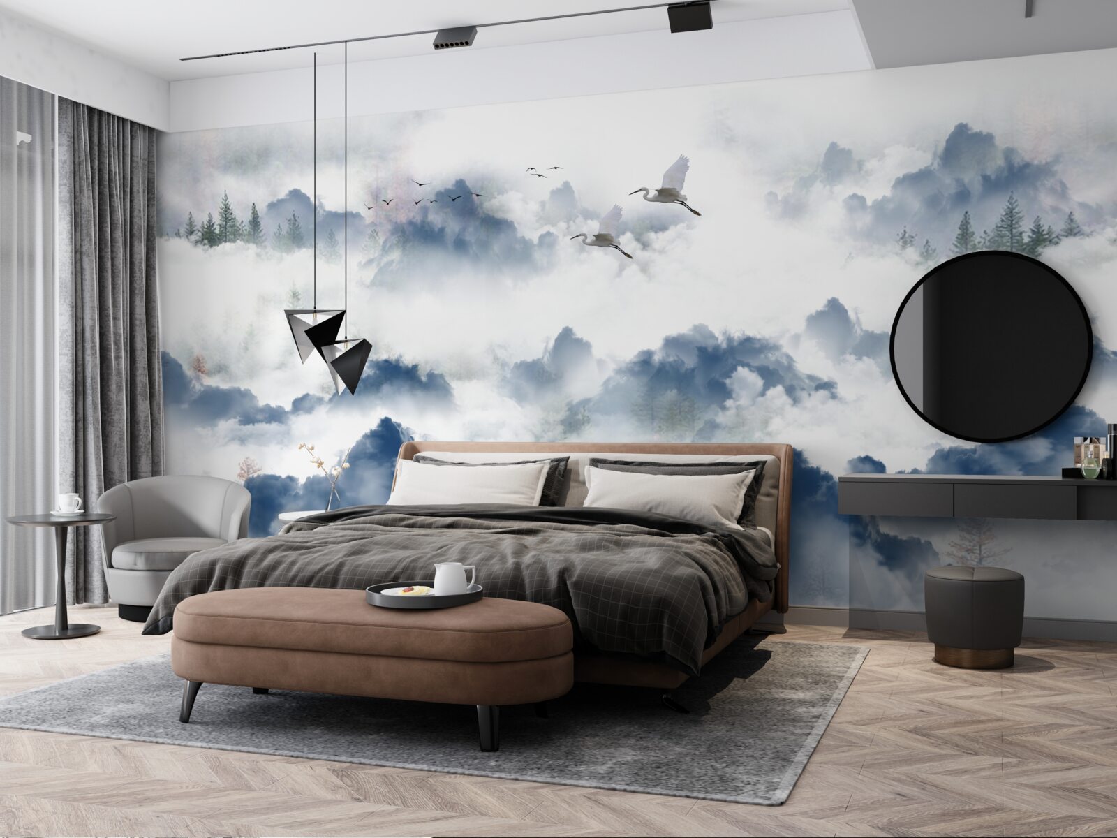 Fotobehang gevederde wezens vliegen over mistige toppen van bergketens