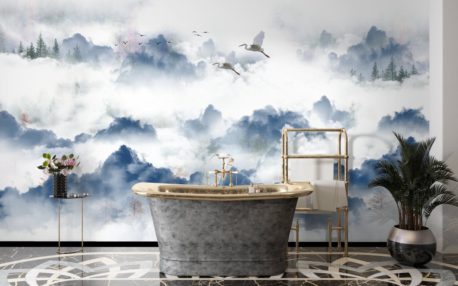 Fotobehang gevederde wezens vliegen over mistige toppen van bergketens