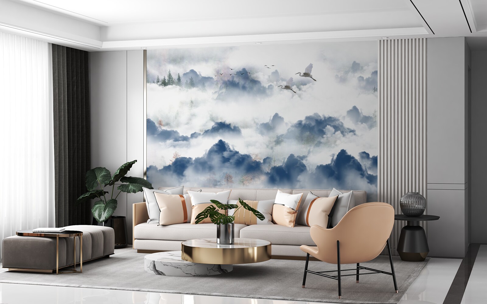 Fotobehang gevederde wezens vliegen over mistige toppen van bergketens