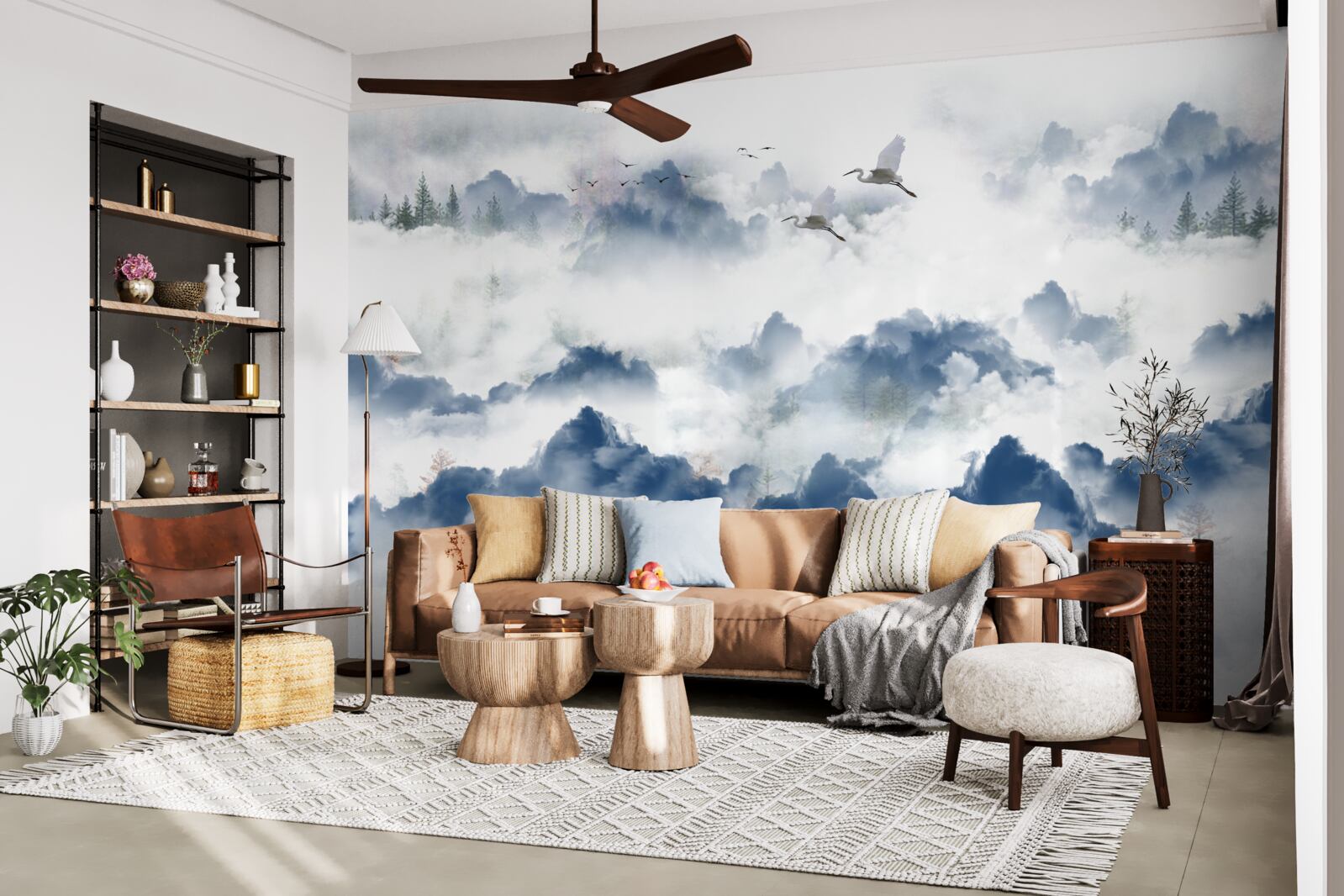 Fotobehang gevederde wezens vliegen over mistige toppen van bergketens