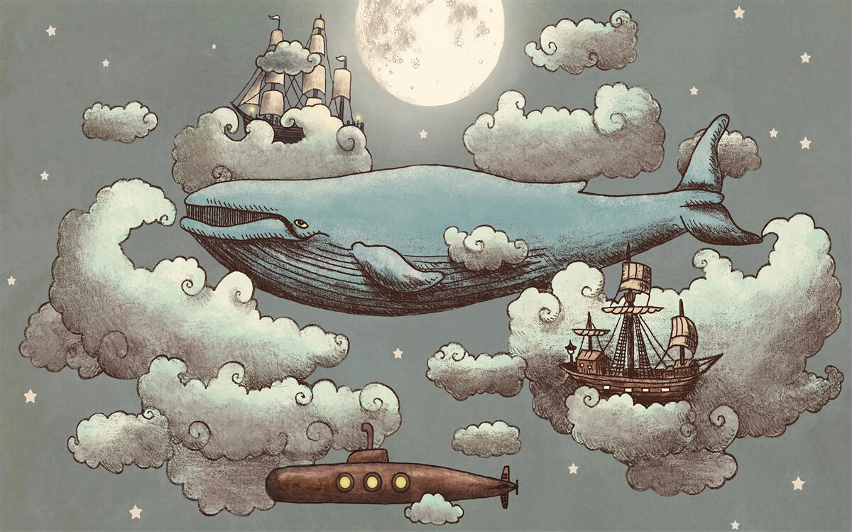 Fotobehang reusachtige potvis tussen de wolken