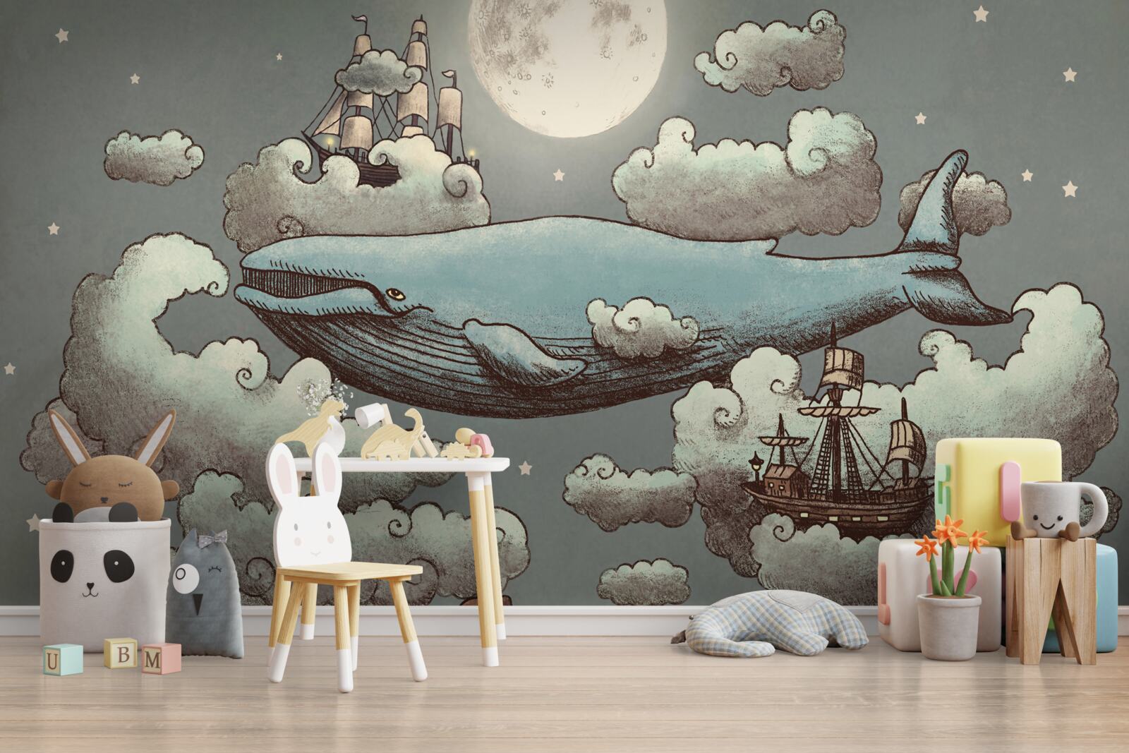 Fotobehang reusachtige potvis tussen de wolken