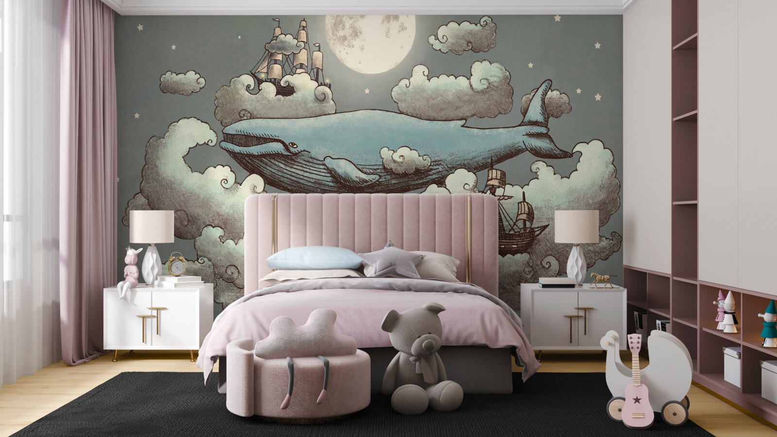 Fotobehang reusachtige potvis tussen de wolken