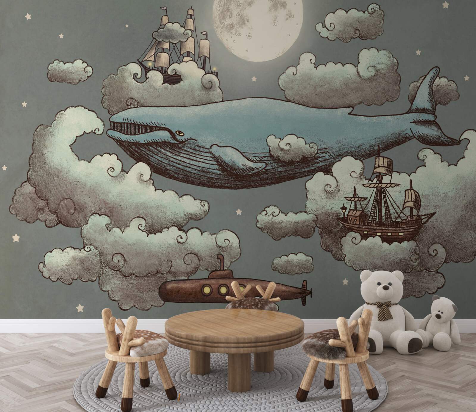 Fotobehang reusachtige potvis tussen de wolken