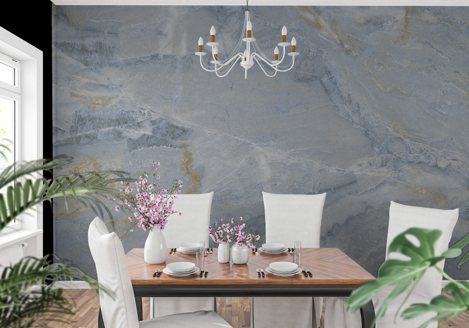 Fotobehang grijszwarte golven met gouden contouren