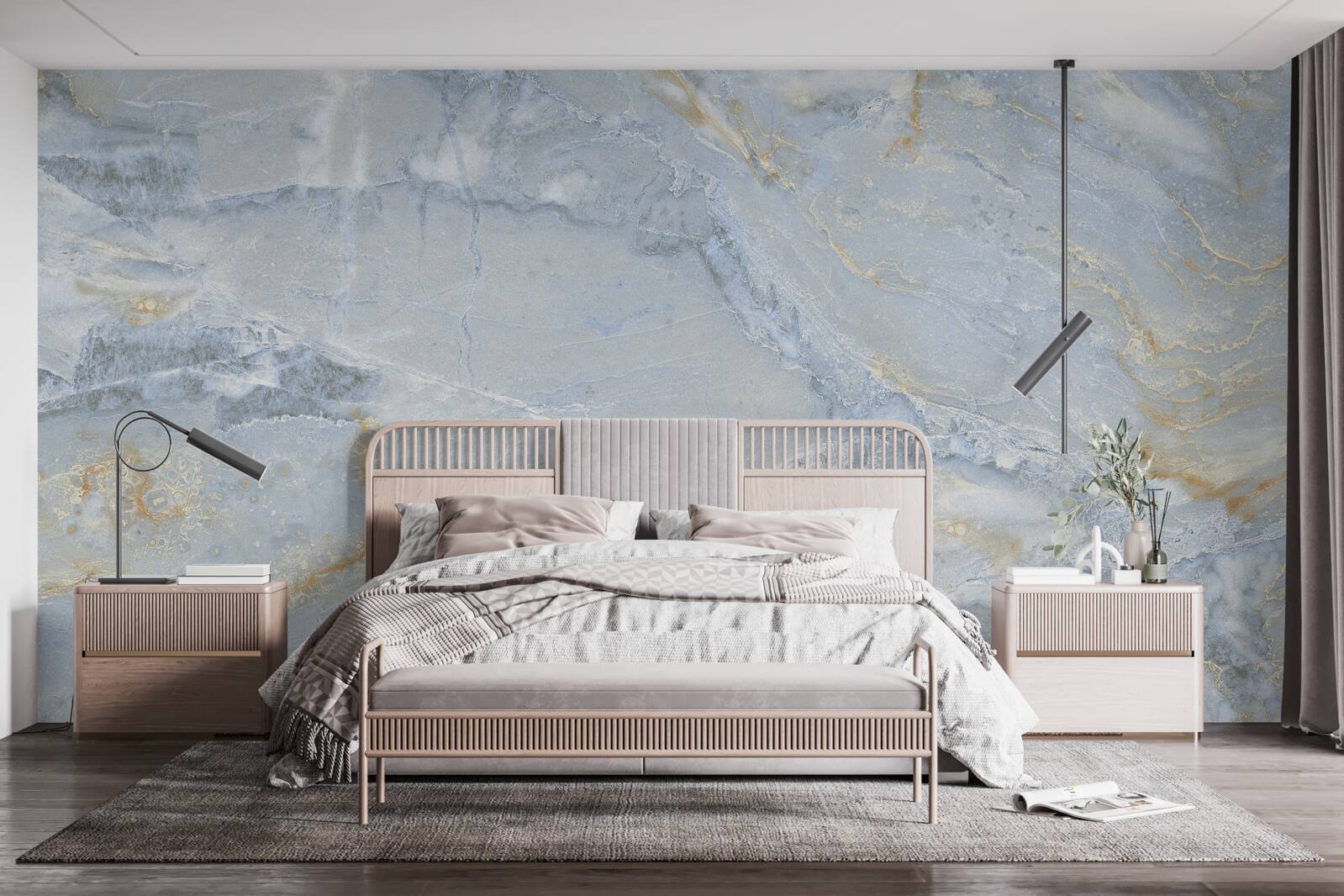 Fotobehang grijszwarte golven met gouden contouren