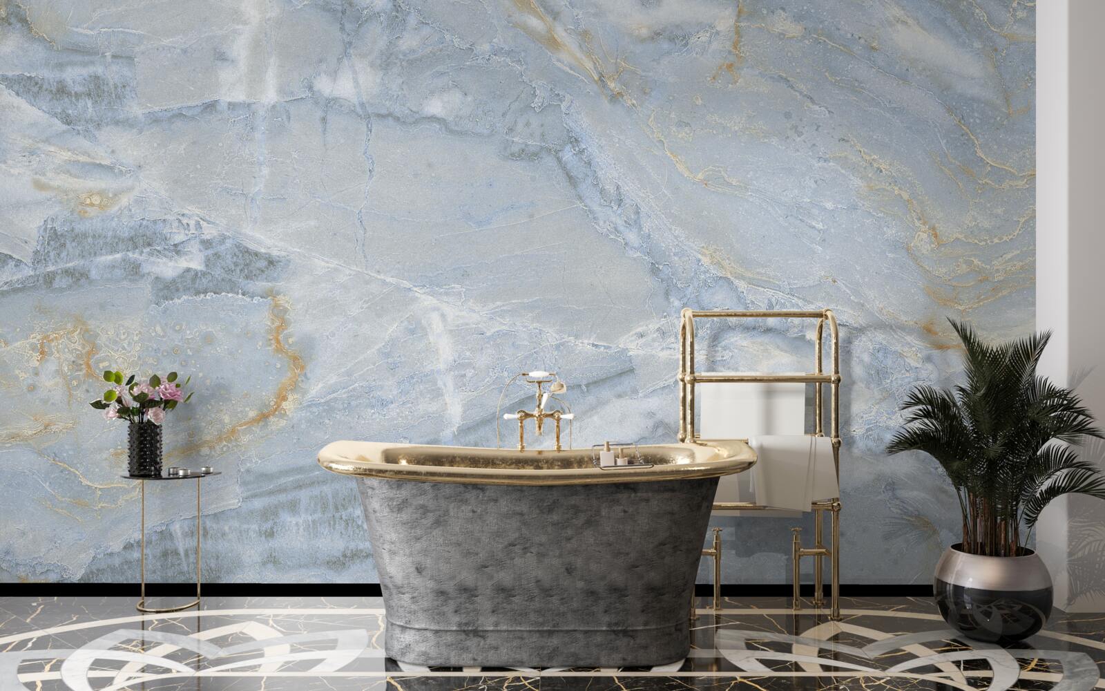 Fotobehang grijszwarte golven met gouden contouren