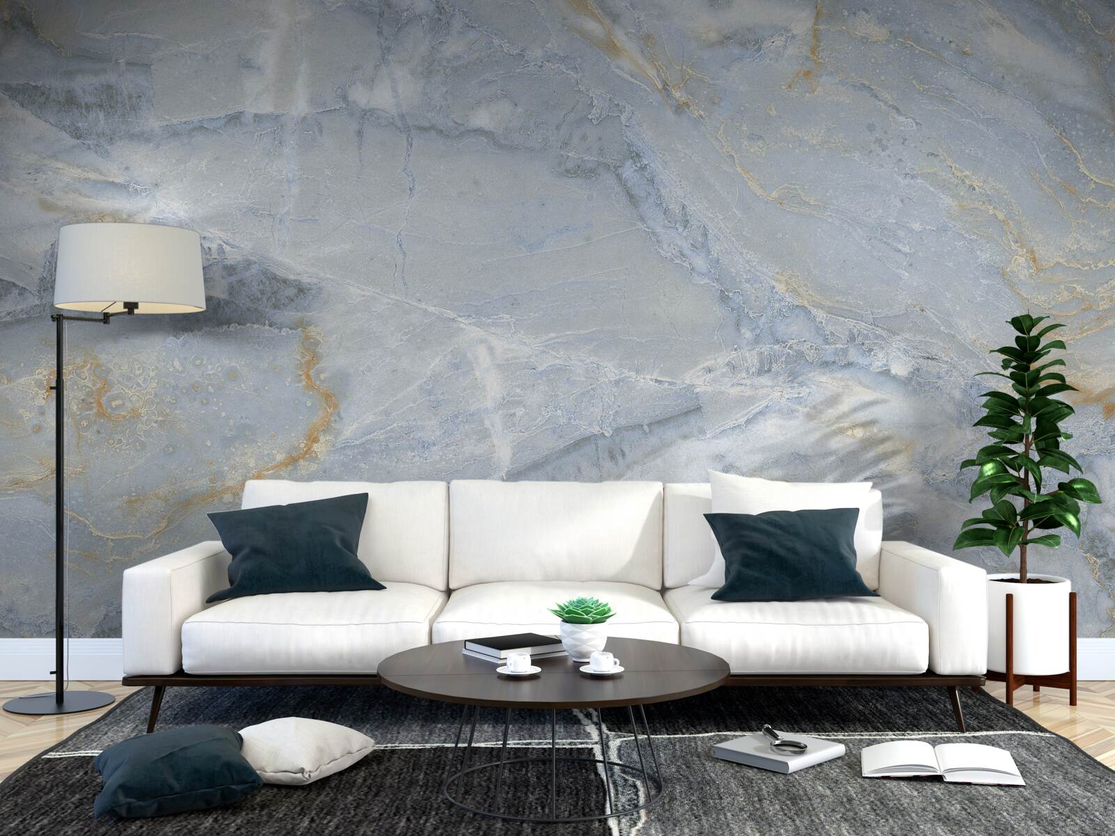 Fotobehang grijszwarte golven met gouden contouren