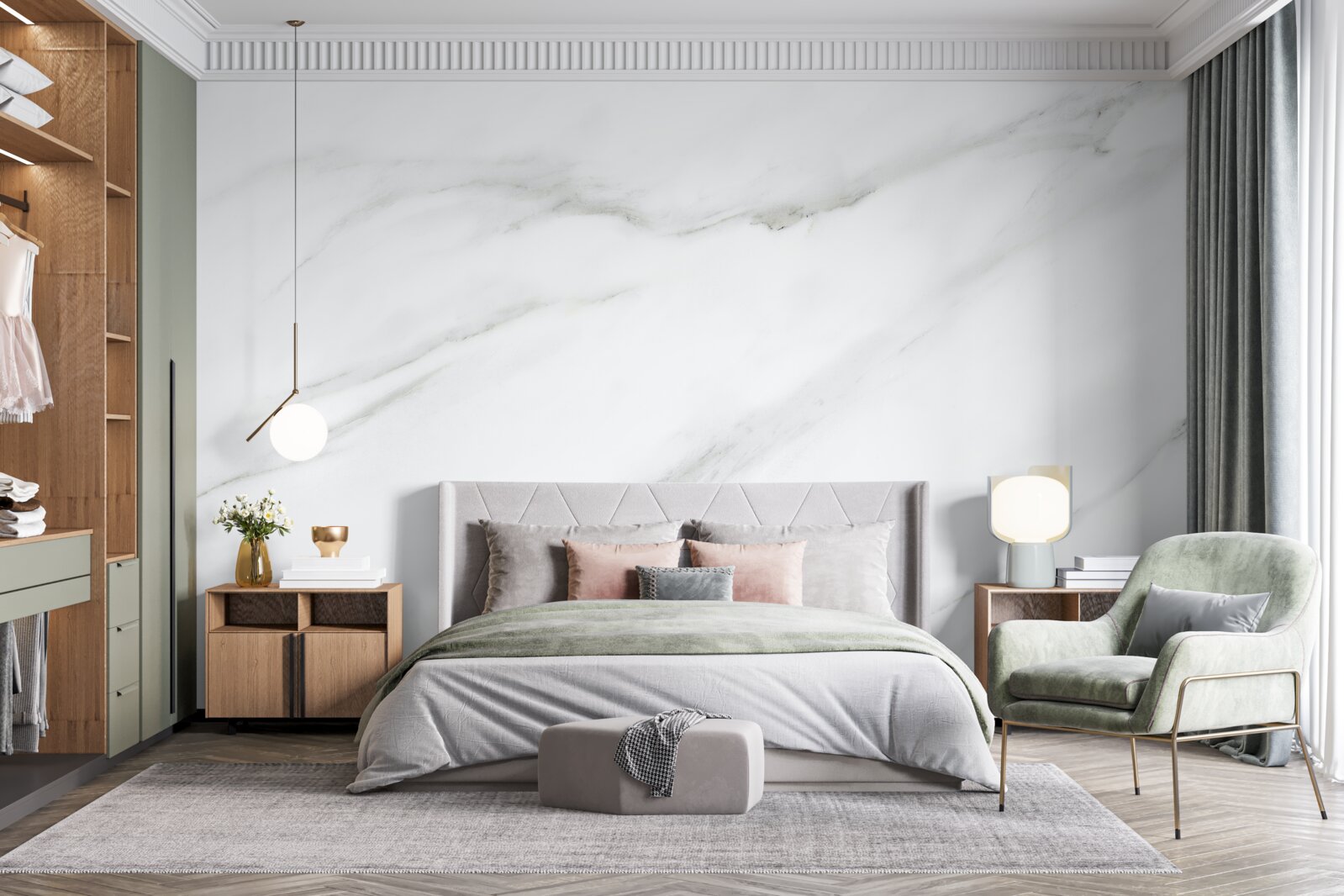 Fotobehang Sneeuwwit marmer met grijze golfpatronen