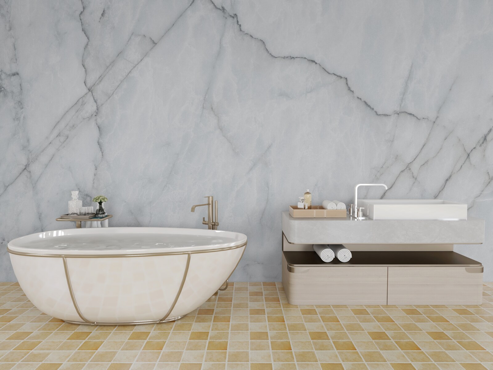 Fotobehang grijs marmer met zwarte inzetstukken