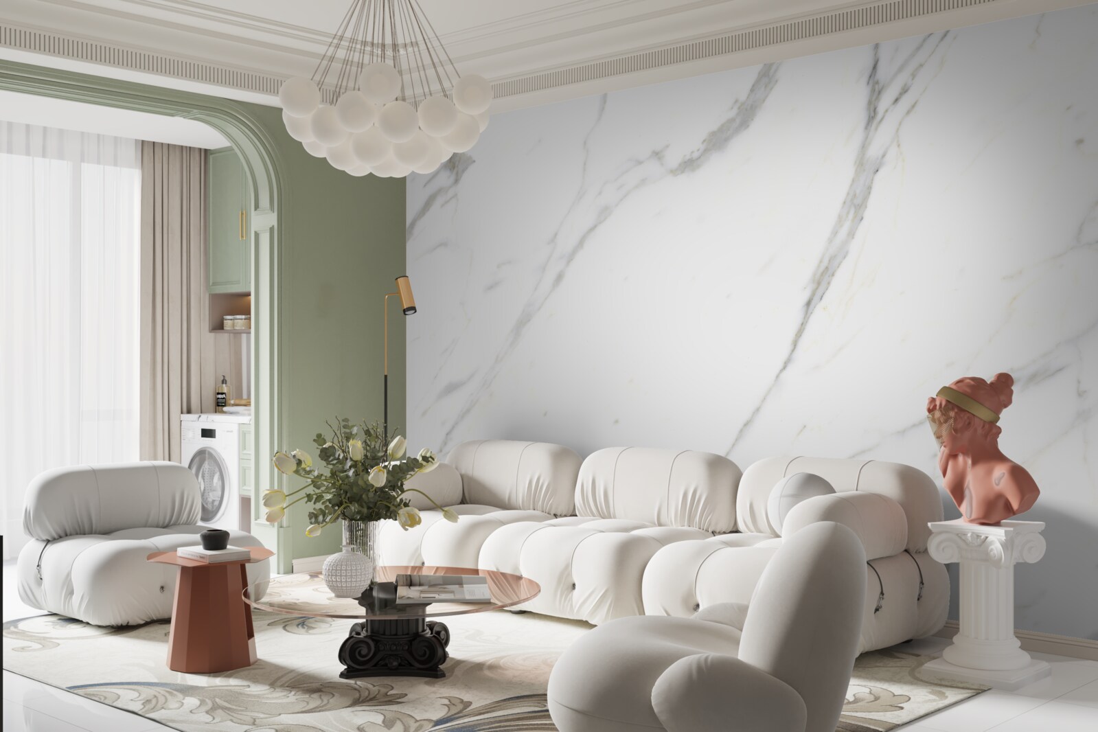 Fotobehang Sneeuwwit marmer en sierlijk gebogen contouren