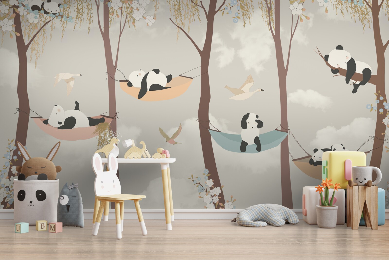 Fotobehang Panda's rustend op hangmatten