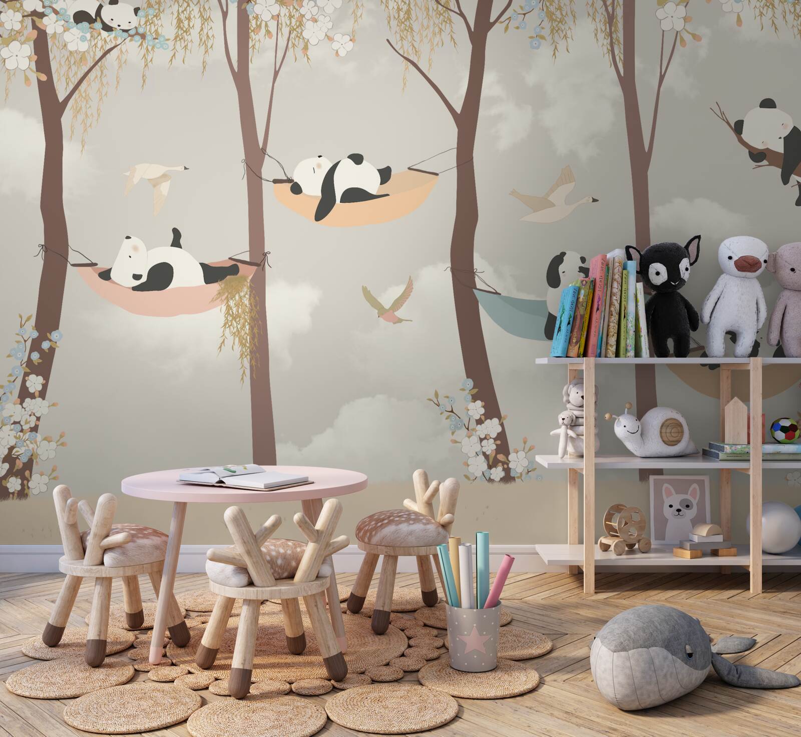 Fotobehang Panda's rustend op hangmatten