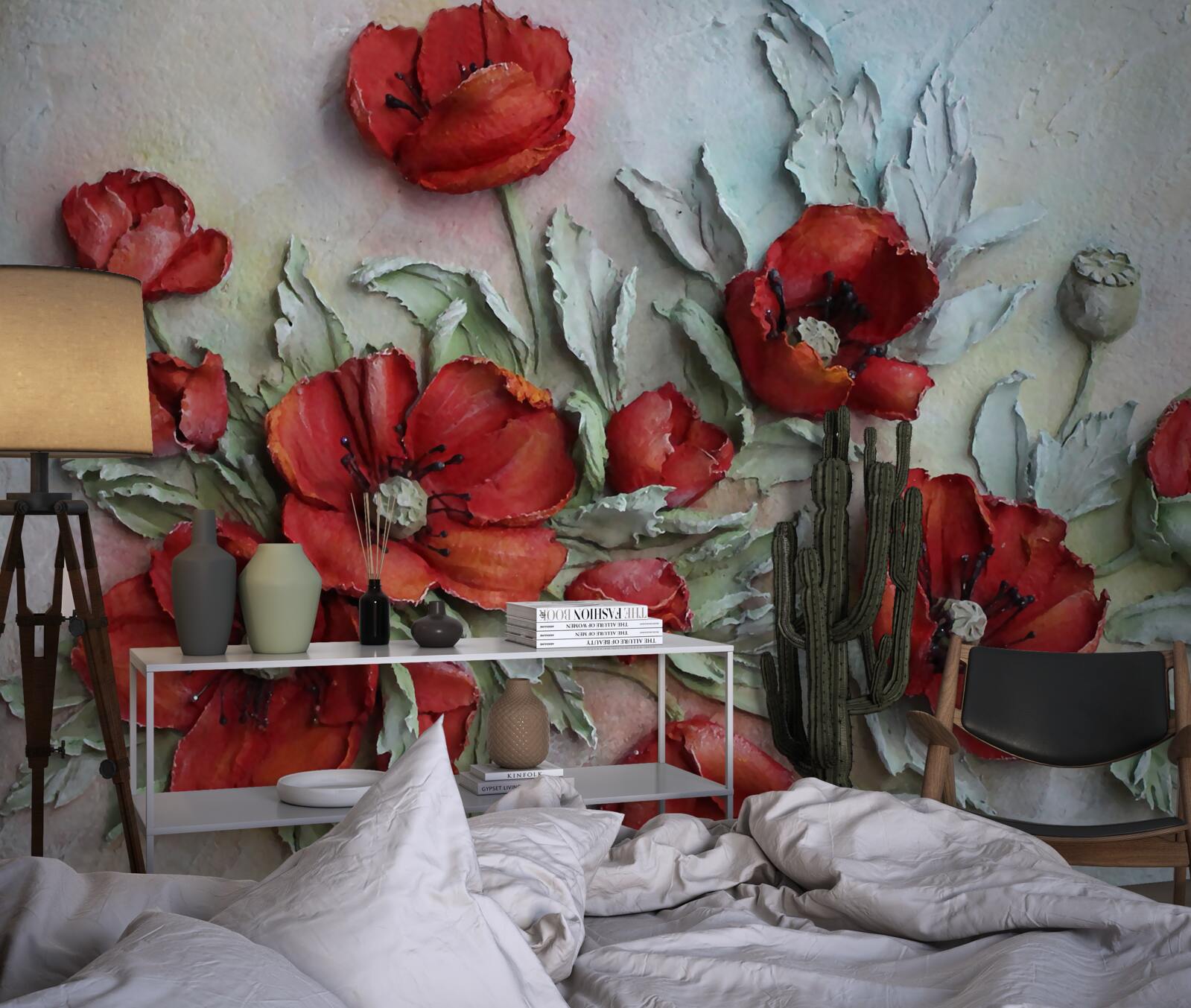 Fotobehang helderrode klaprozen met structuur