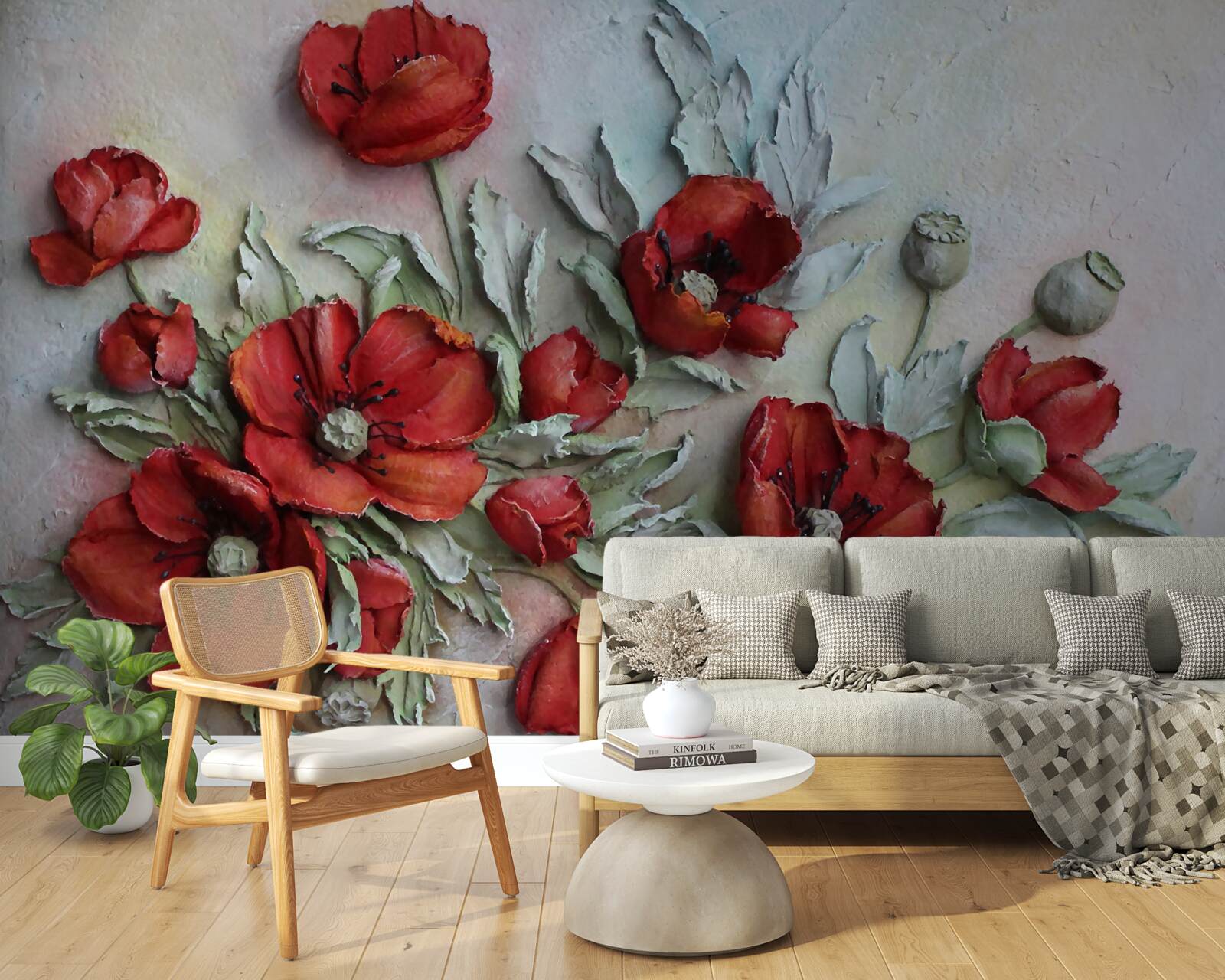 Fotobehang helderrode klaprozen met structuur