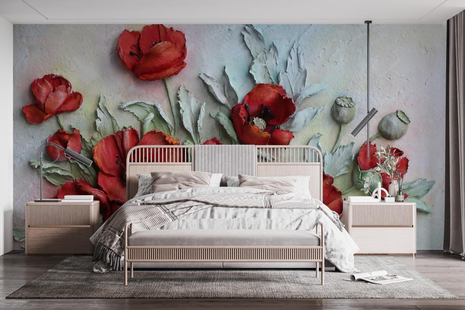 Fotobehang helderrode klaprozen met structuur