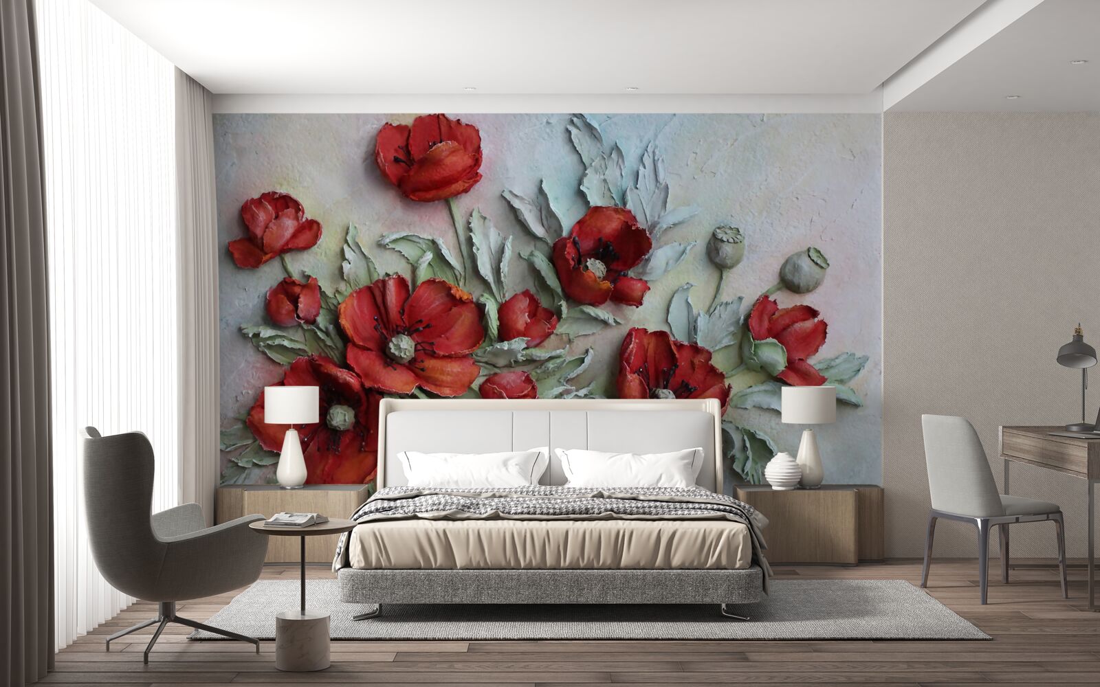 Fotobehang helderrode klaprozen met structuur