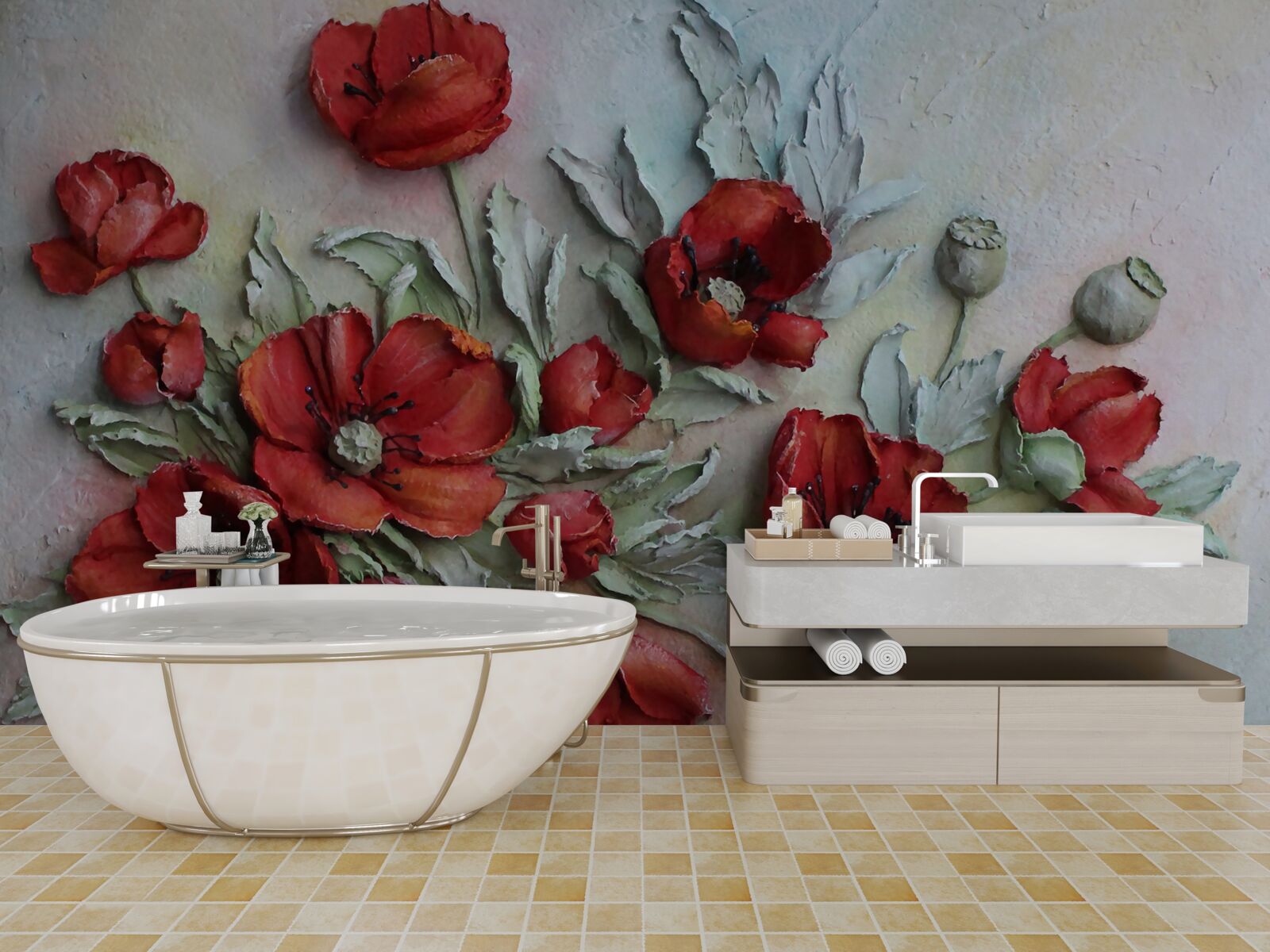 Fotobehang helderrode klaprozen met structuur