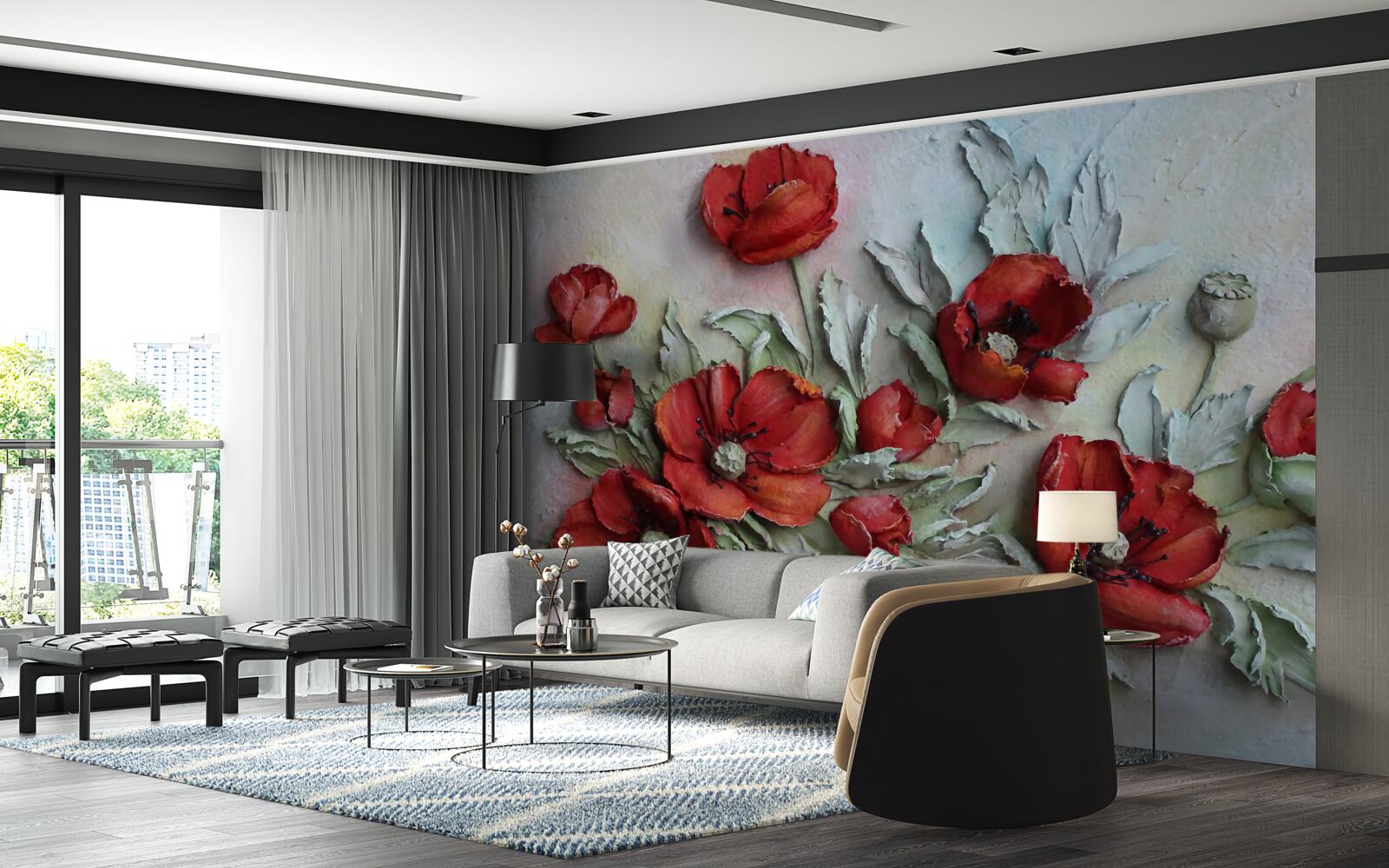 Fotobehang helderrode klaprozen met structuur