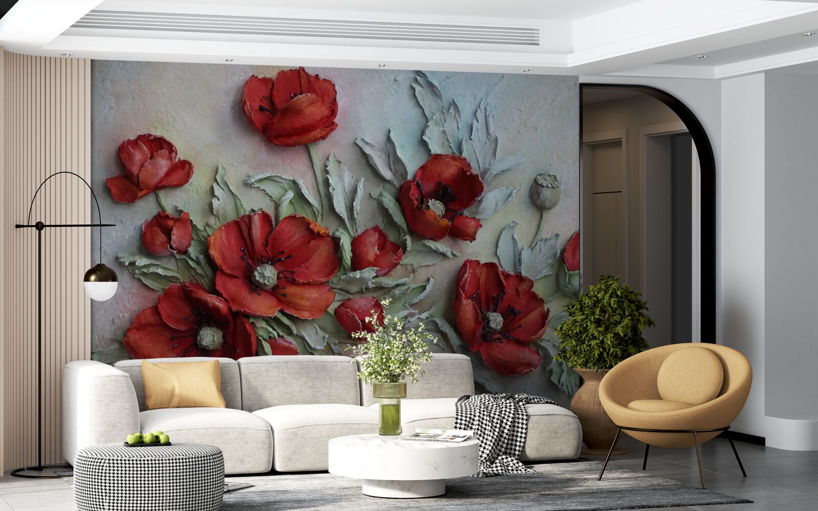 Fotobehang helderrode klaprozen met structuur