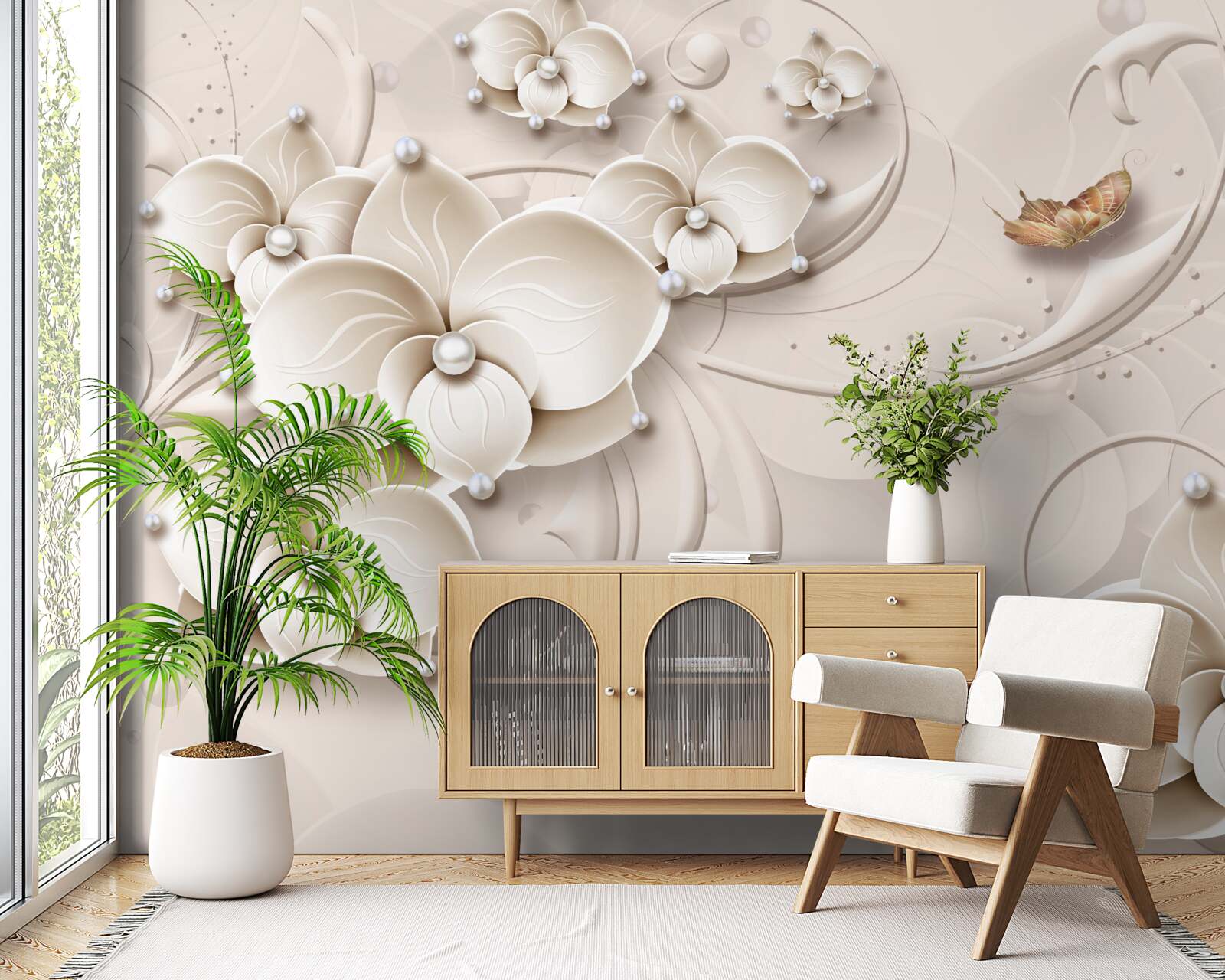 Fotobehang vlinders en takken van een sneeuwwitte orchidee