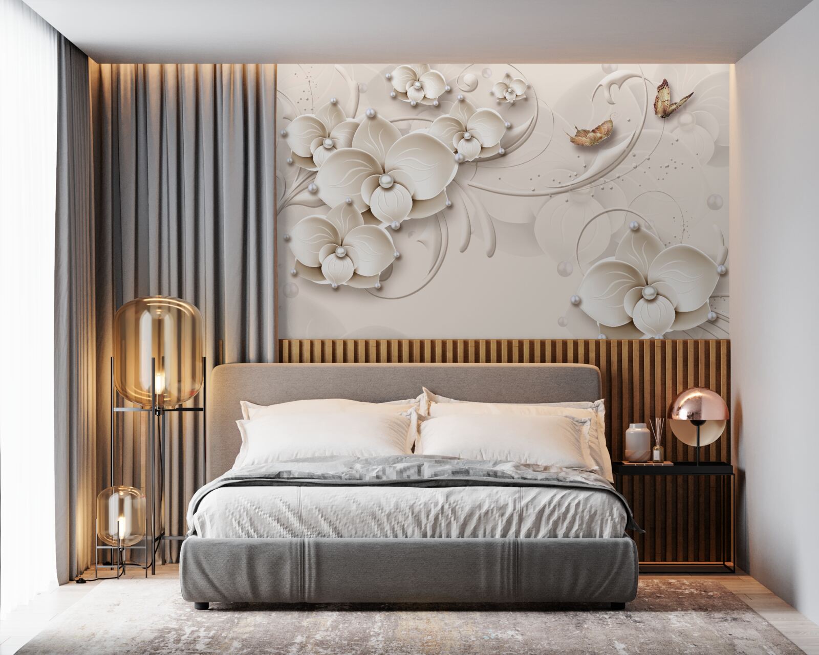 Fotobehang vlinders en takken van een sneeuwwitte orchidee