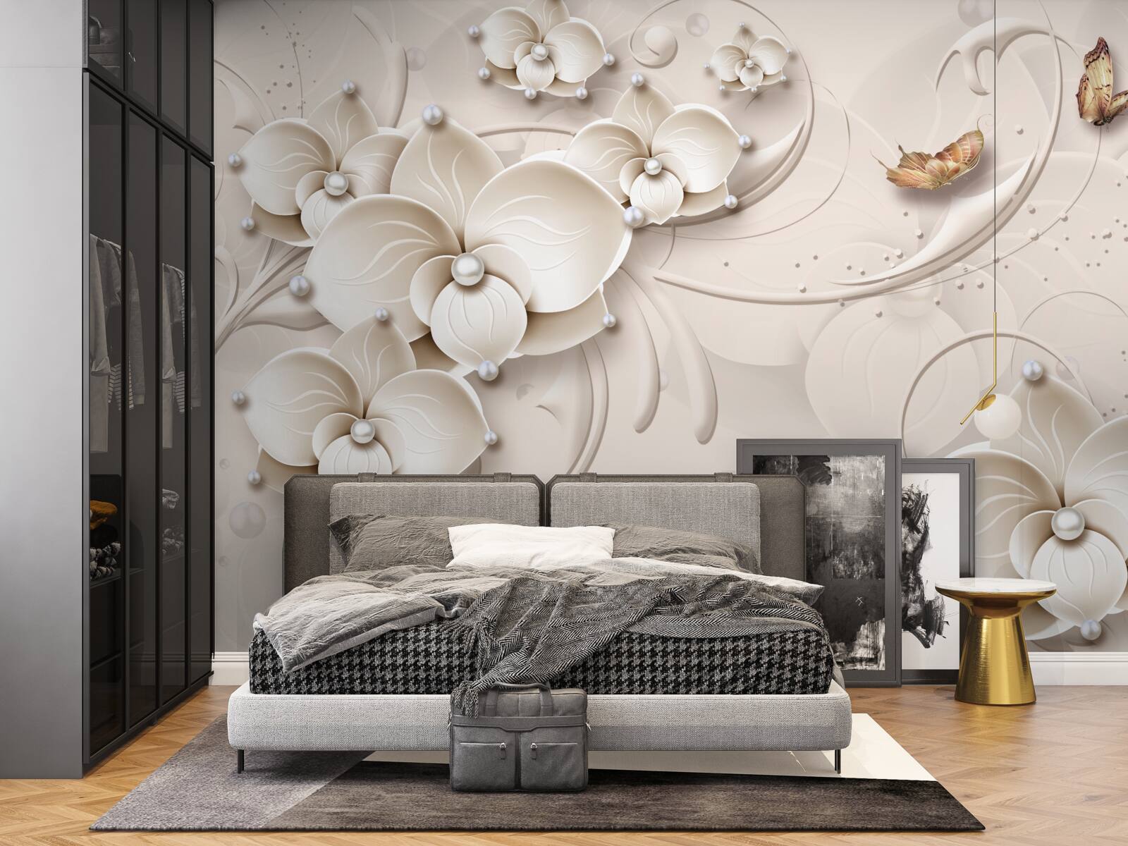 Fotobehang vlinders en takken van een sneeuwwitte orchidee