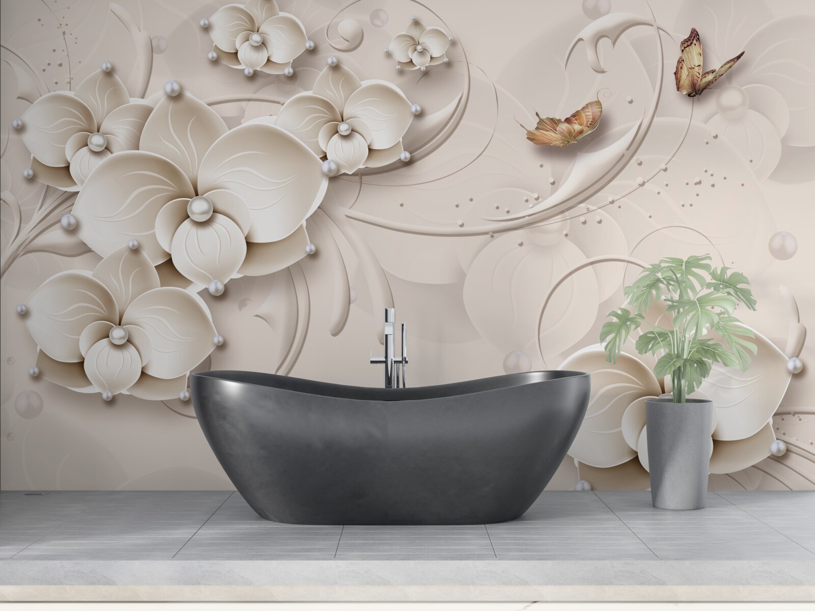 Fotobehang vlinders en takken van een sneeuwwitte orchidee