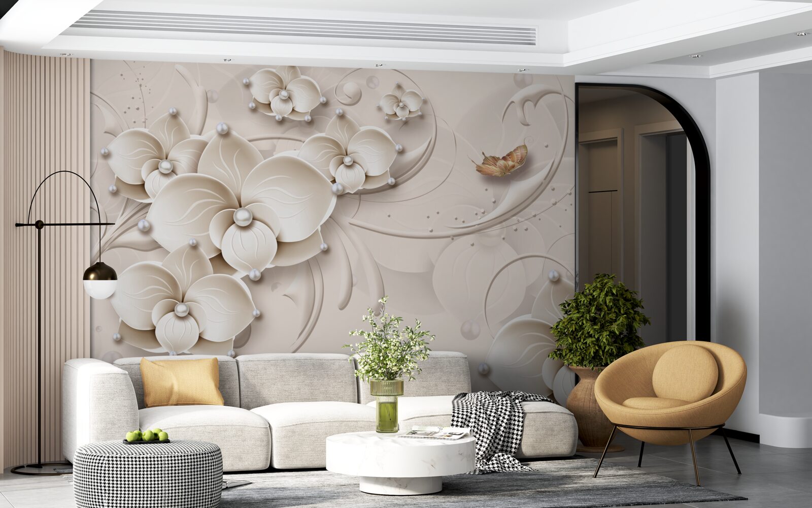 Fotobehang vlinders en takken van een sneeuwwitte orchidee