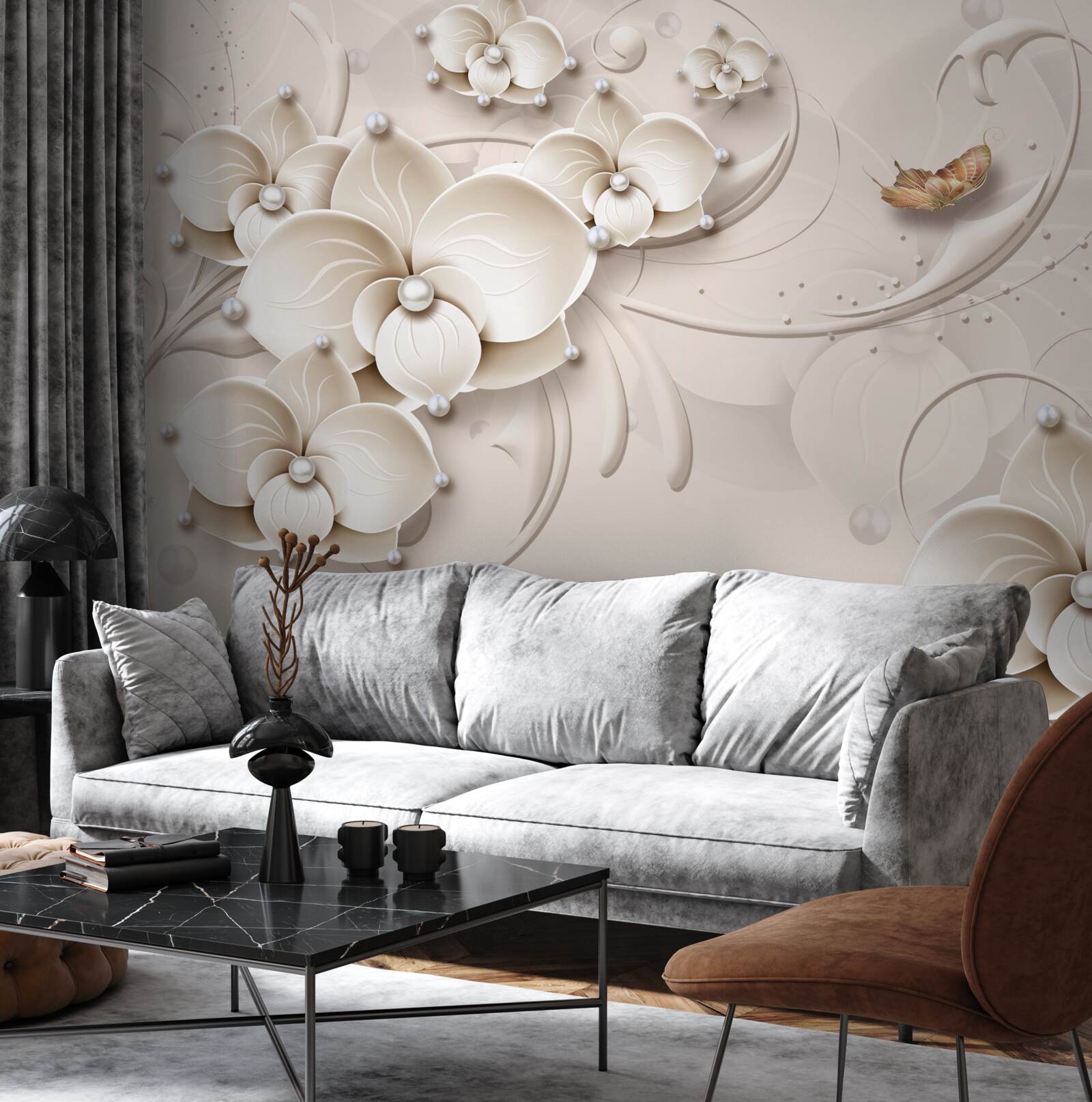 Fotobehang vlinders en takken van een sneeuwwitte orchidee