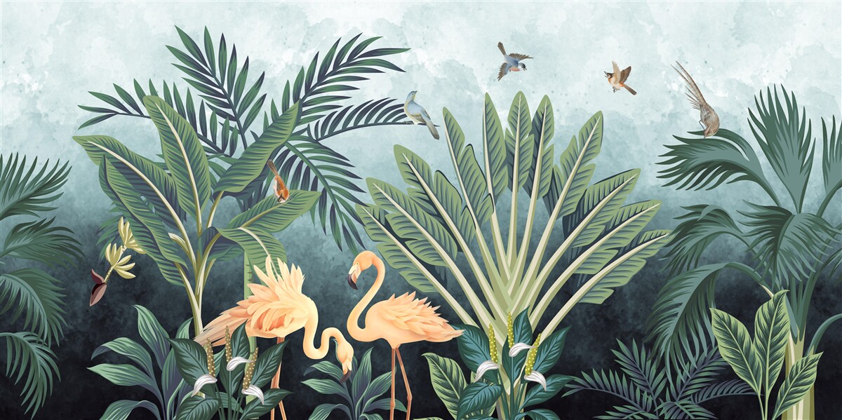 Fotobehang in de jungle schitteren roze flamingo's op het water