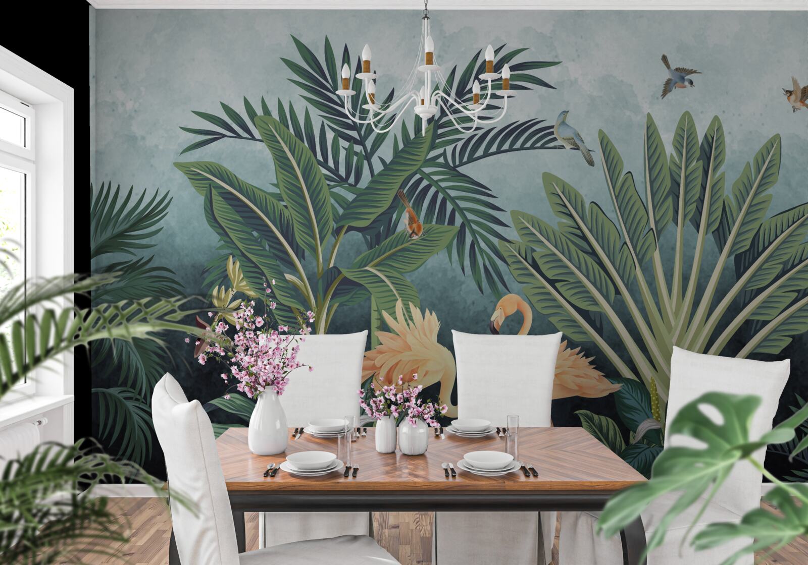 Fotobehang in de jungle schitteren roze flamingo's op het water