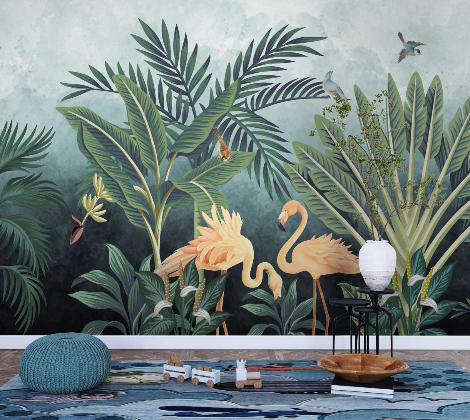 Fotobehang in de jungle schitteren roze flamingo's op het water