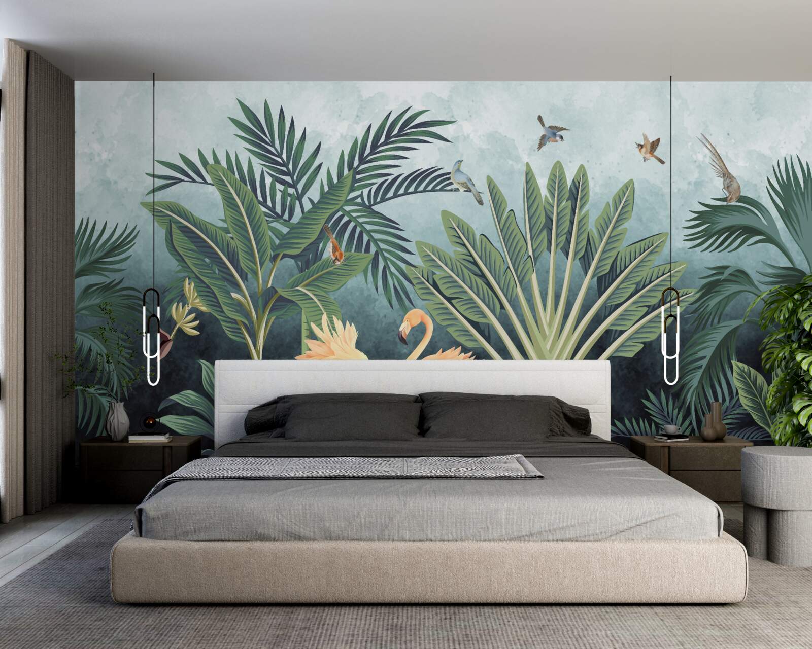 Fotobehang in de jungle schitteren roze flamingo's op het water