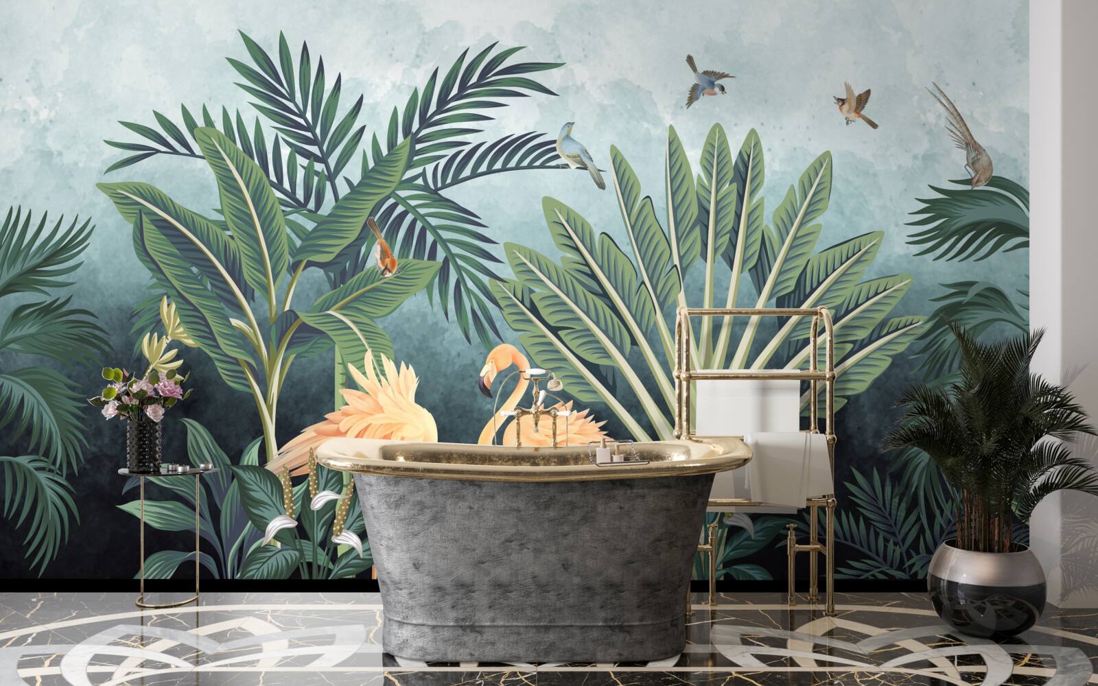 Fotobehang in de jungle schitteren roze flamingo's op het water