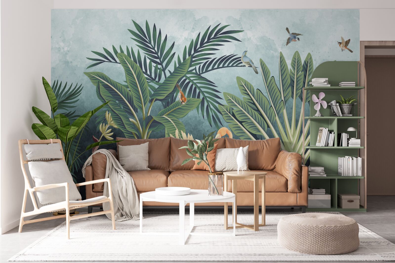 Fotobehang in de jungle schitteren roze flamingo's op het water