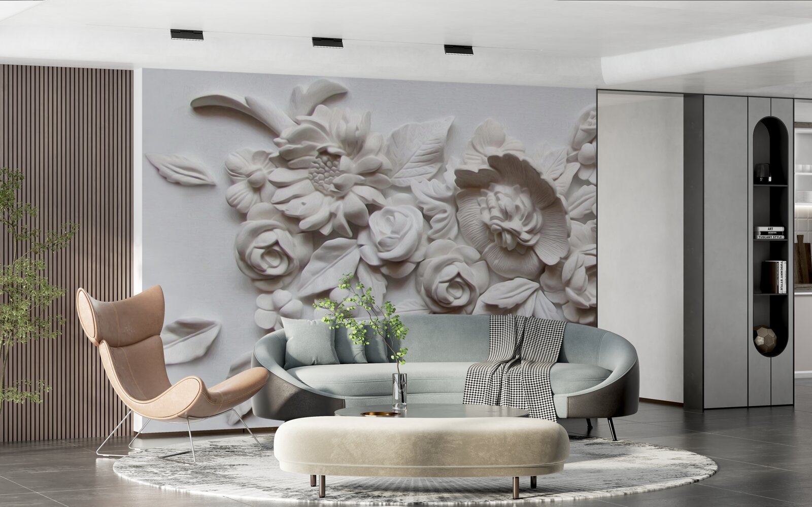 Fotobehang reliëf met witte bloemen