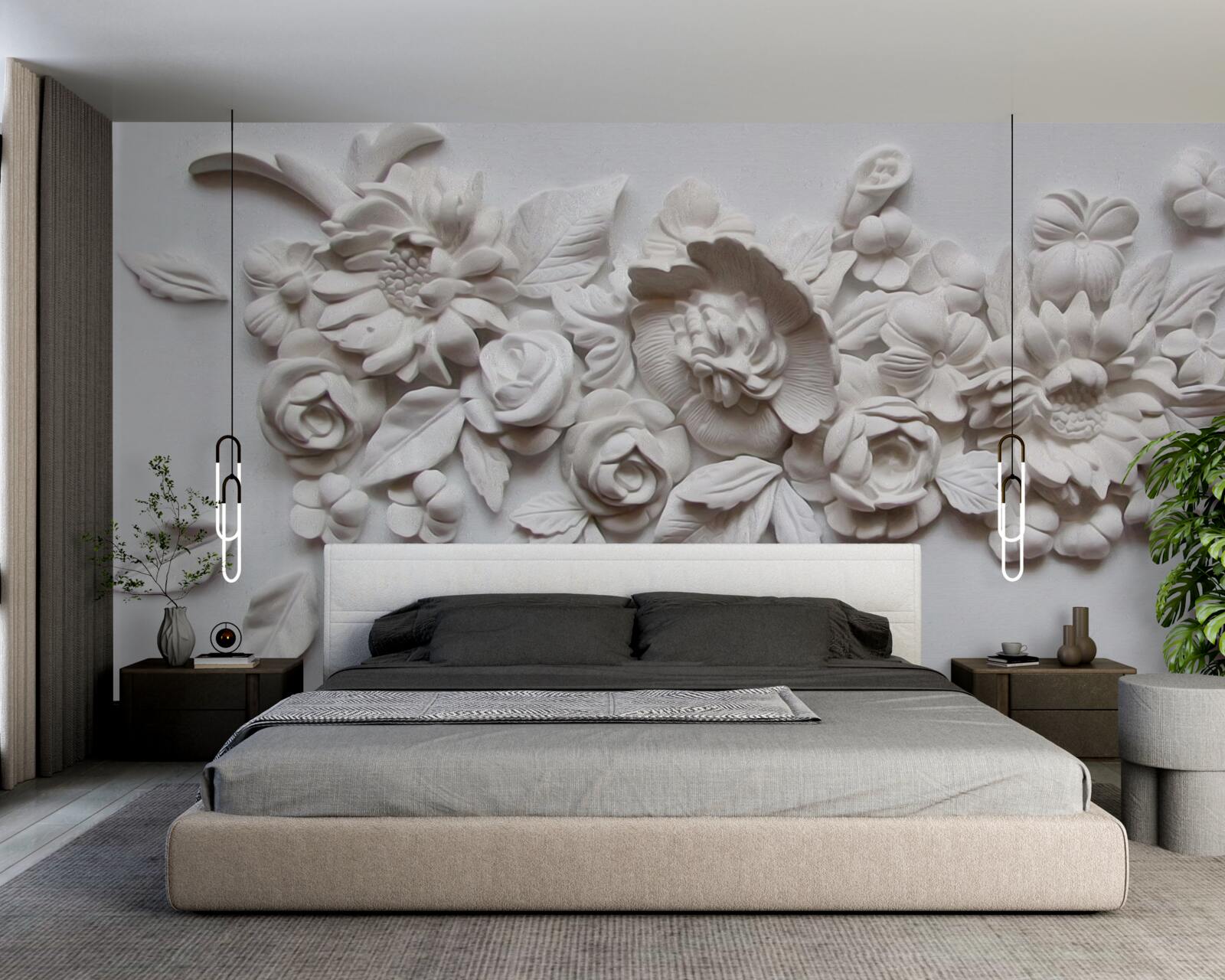 Fotobehang reliëf met witte bloemen