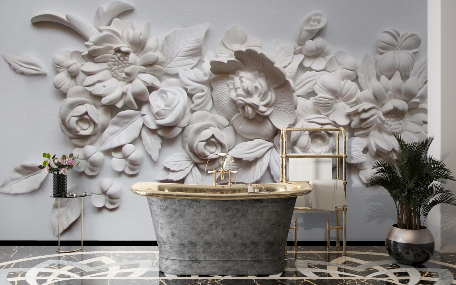 Fotobehang reliëf met witte bloemen