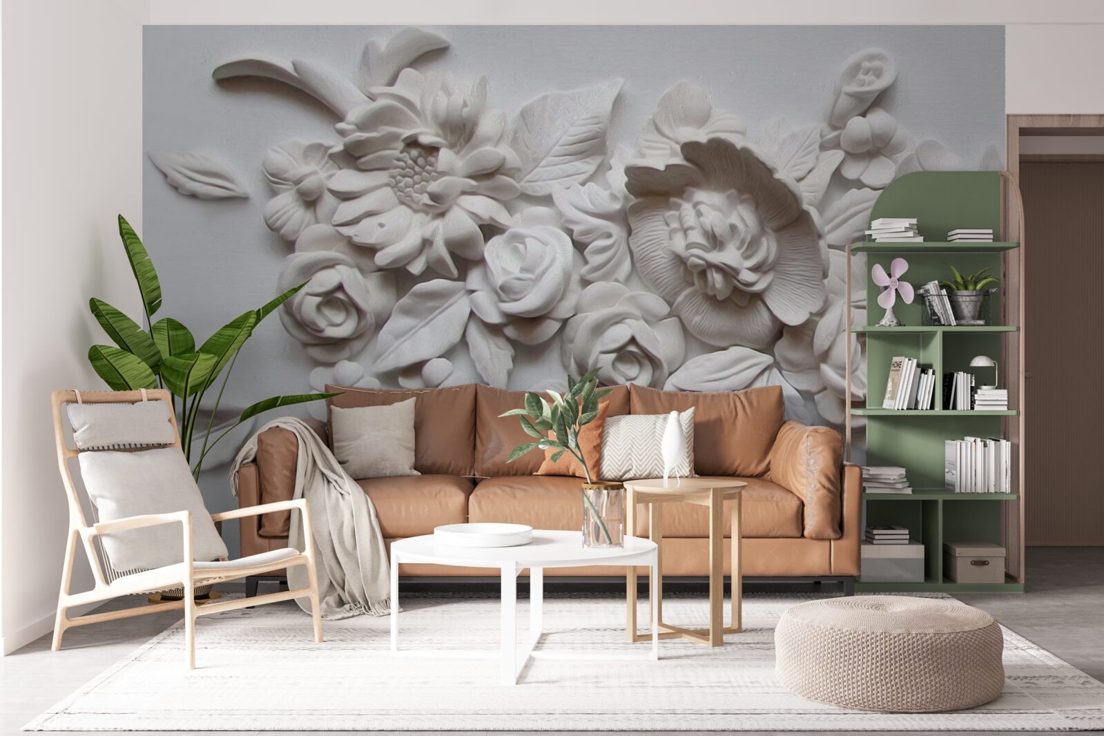 Fotobehang reliëf met witte bloemen