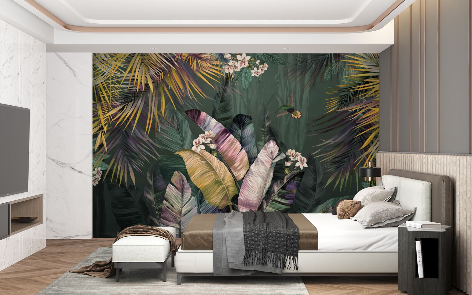 Fotobehang vederachtige planten in een nachtelijk bos