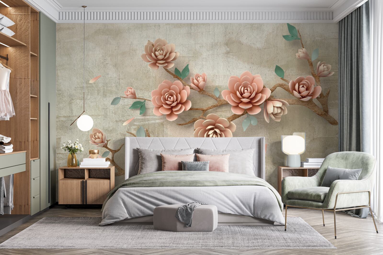 Fotobehang als het regent, verschijnen er bruine knoppen aan de takken