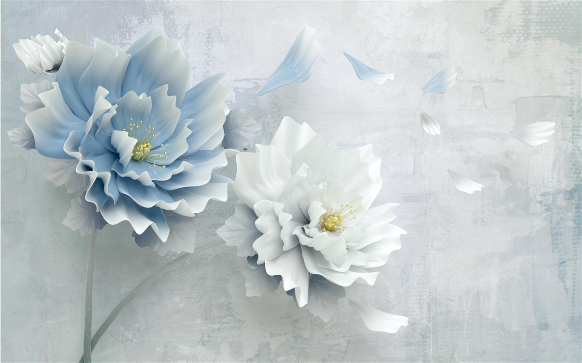 Fotobehang abstract beeld van een witte en blauwe bloem tegen een bergachtergrond