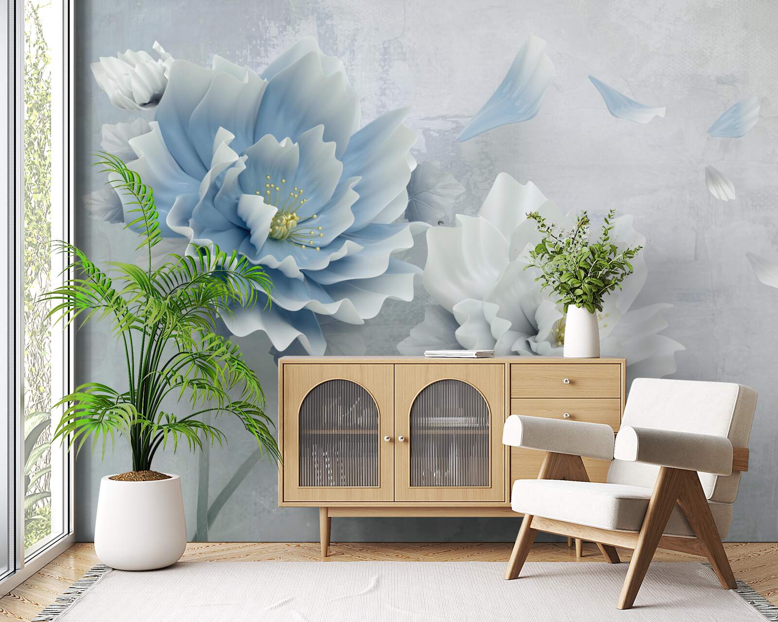 Fotobehang abstract beeld van een witte en blauwe bloem tegen een bergachtergrond