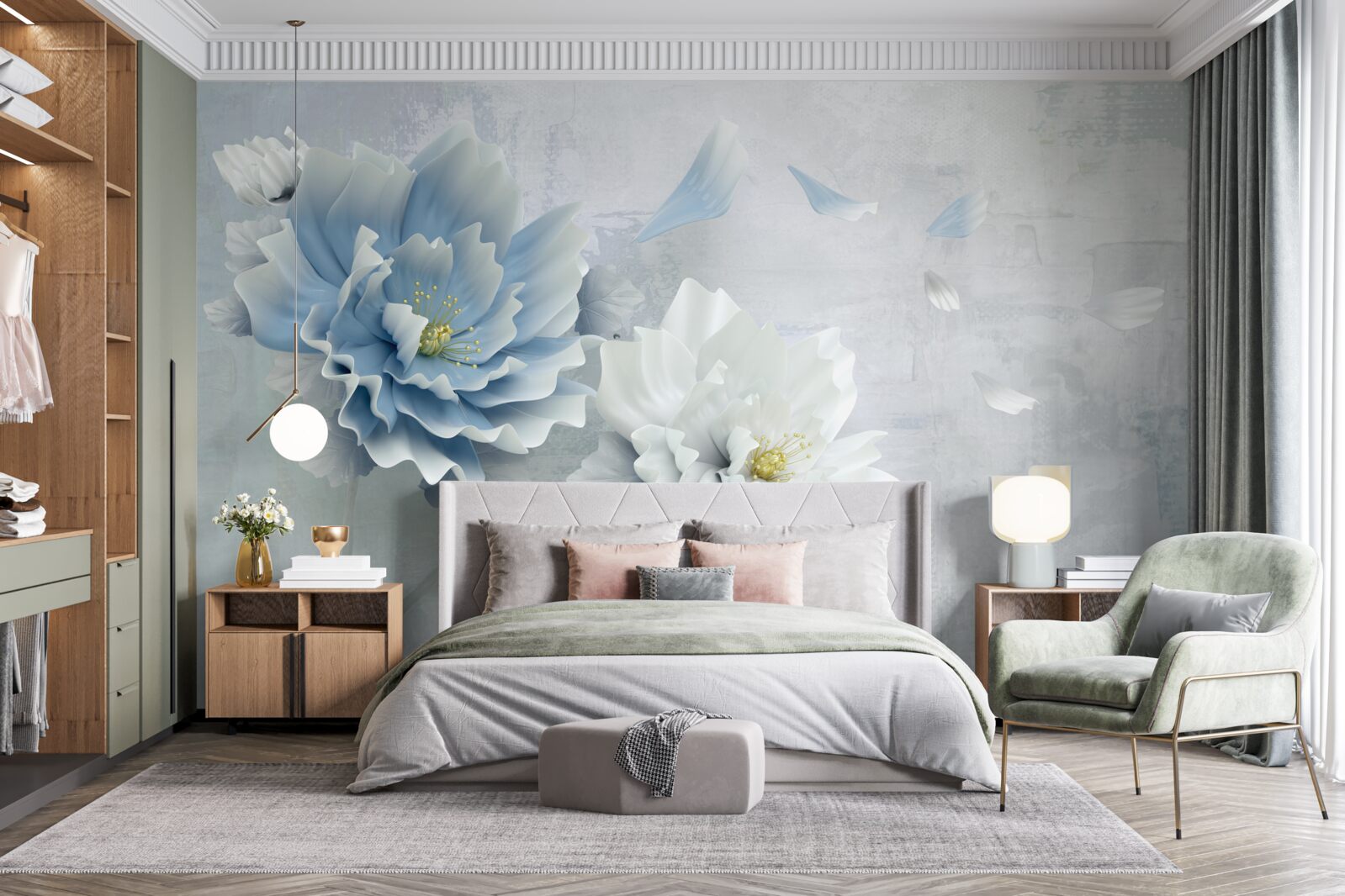 Fotobehang abstract beeld van een witte en blauwe bloem tegen een bergachtergrond