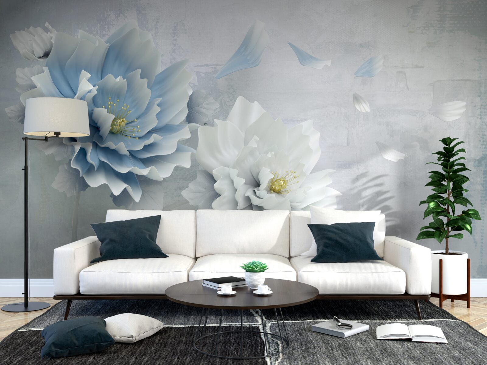 Fotobehang abstract beeld van een witte en blauwe bloem tegen een bergachtergrond