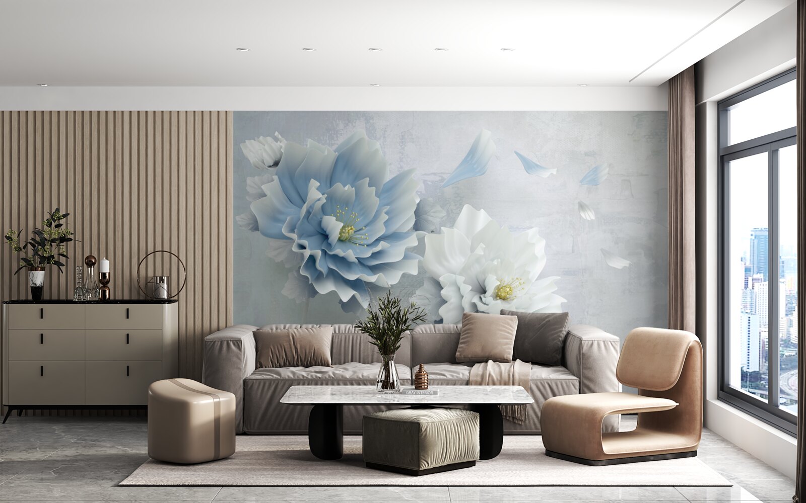 Fotobehang abstract beeld van een witte en blauwe bloem tegen een bergachtergrond