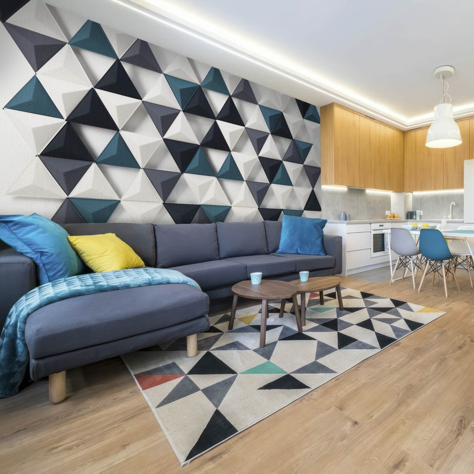 Fotobehang volumetrische driehoeken in witte en smaragdgroene tinten