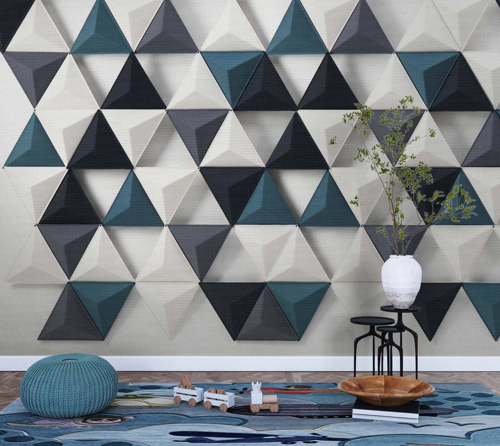 Fotobehang volumetrische driehoeken in witte en smaragdgroene tinten